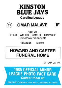 1985 TCMA Kinston Blue Jays #17 Omar Malave Back