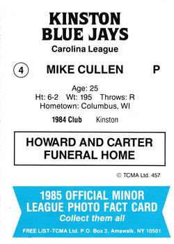 1985 TCMA Kinston Blue Jays #4 Mike Cullen Back