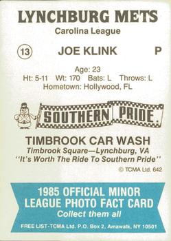 1985 TCMA Lynchburg Mets #13 Joe Klink Back