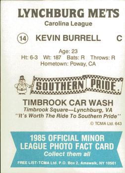 1985 TCMA Lynchburg Mets #14 Kevin Burrell Back