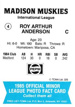 1985 TCMA Madison Muskies #4 Roy Anderson Back