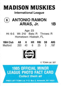 1985 TCMA Madison Muskies #6 Antonio Arias Back