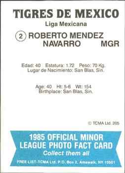 1985 TCMA Mexico City Tigers #2 Roberto Mendez Back