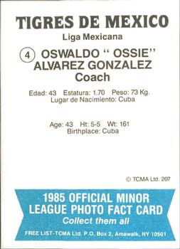 1985 TCMA Mexico City Tigers #4 Oswaldo Alvarez Back