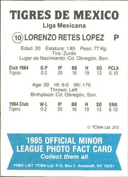 1985 TCMA Mexico City Tigers #10 Lorenzo Retes Back