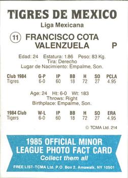 1985 TCMA Mexico City Tigers #11 Francisco Cota Back