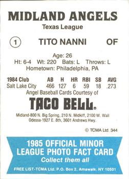 1985 TCMA Midland Angels #1 Tito Nanni Back