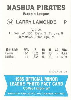 1985 TCMA Nashua Pirates #14 Larry Lamonde Back