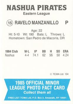 1985 TCMA Nashua Pirates #15 Ravelo Manzanillo Back