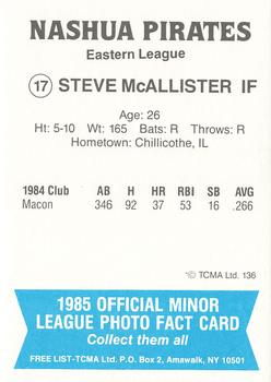 1985 TCMA Nashua Pirates #17 Steve McAllister Back