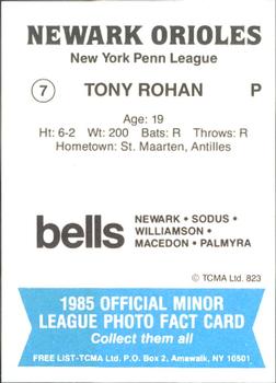 1985 TCMA Newark Orioles #7 Tony Rohan Back