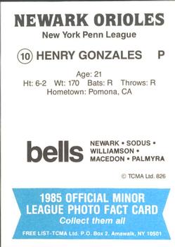 1985 TCMA Newark Orioles #10 Henry Gonzales Back