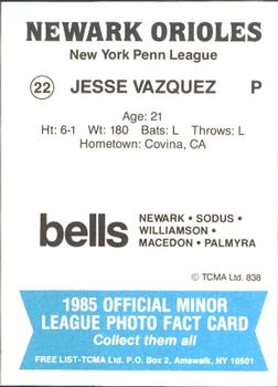 1985 TCMA Newark Orioles #22 Jesse Vazquez Back