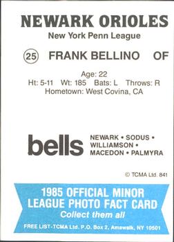 1985 TCMA Newark Orioles #25 Frank Bellino Back