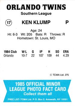 1985 TCMA Orlando Twins #17 Ken Klump Back
