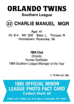 1985 TCMA Orlando Twins #22 Charlie Manuel Back