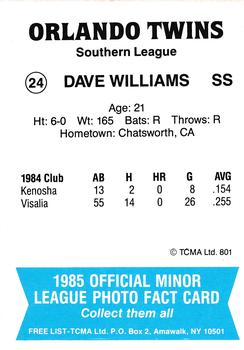 1985 TCMA Orlando Twins #24 Dave Williams Back