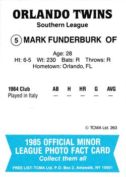 1985 TCMA Orlando Twins #5 Mark Funderburk Back