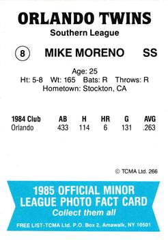1985 TCMA Orlando Twins #8 Mike Moreno Back