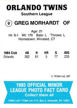 1985 TCMA Orlando Twins #9 Greg Morhardt Back