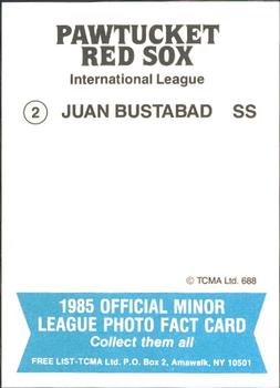 1985 TCMA Pawtucket Red Sox #2 Juan Bustabad Back