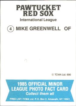 1985 TCMA Pawtucket Red Sox #4 Mike Greenwell Back