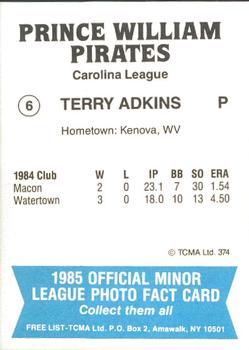 1985 TCMA Prince William Pirates #6 Terry Adkins Back