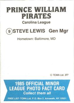 1985 TCMA Prince William Pirates #9 Steve Lewis Back