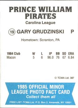 1985 TCMA Prince William Pirates #19 Gary Grudzinski Back