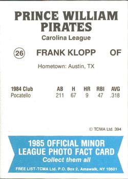 1985 TCMA Prince William Pirates #26 Frank Klopp Back