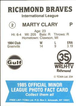 1985 TCMA Richmond Braves #2 Marty Clary Back
