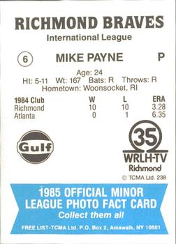 1985 TCMA Richmond Braves #6 Mike Payne Back