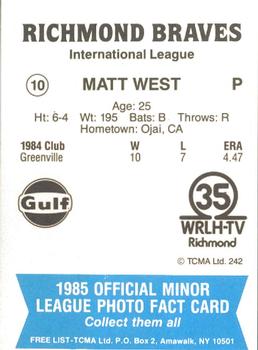 1985 TCMA Richmond Braves #10 Matt West Back