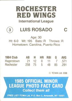 1985 TCMA Rochester Red Wings #3 Luis Rosado Back