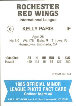 1985 TCMA Rochester Red Wings #8 Kelly Paris Back