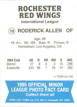 1985 TCMA Rochester Red Wings #10 Roderick Allen Back