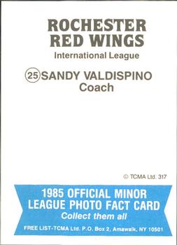 1985 TCMA Rochester Red Wings #25 Sandy Valdespino Back
