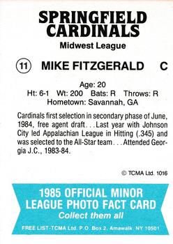 1985 TCMA Springfield Cardinals #11 Mike Fitzgerald Back