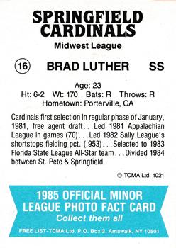 1985 TCMA Springfield Cardinals #16 Brad Luther Back