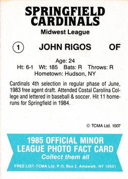 1985 TCMA Springfield Cardinals #1 John Rigos Back