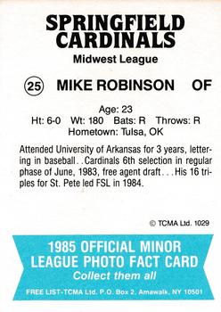 1985 TCMA Springfield Cardinals #25 Mike Robinson Back