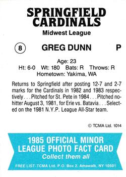 1985 TCMA Springfield Cardinals #8 Greg Dunn Back