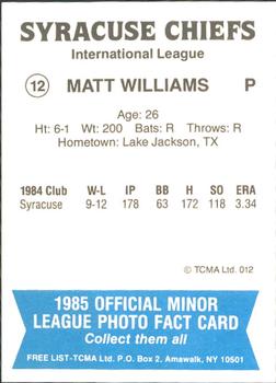 1985 TCMA Syracuse Chiefs #12 Matt Williams Back