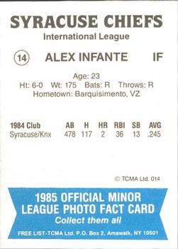 1985 TCMA Syracuse Chiefs #14 Alex Infante Back