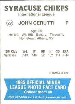 1985 TCMA Syracuse Chiefs #27 John Cerutti Back
