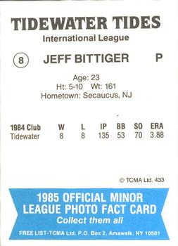 1985 TCMA Tidewater Tides #8 Jeff Bittiger Back
