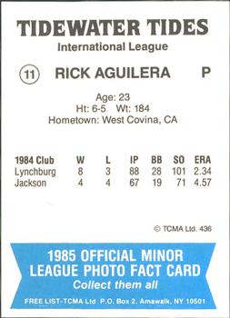 1985 TCMA Tidewater Tides #11 Rick Aguilera Back