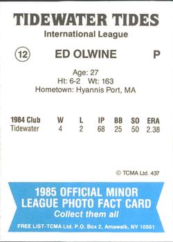 1985 TCMA Tidewater Tides #12 Ed Olwine Back