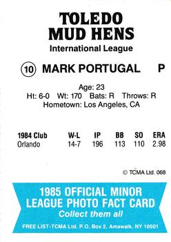 1985 TCMA Toledo Mud Hens #10 Mark Portugal Back