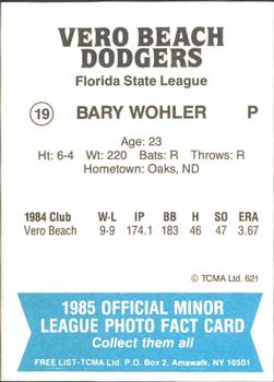 1985 TCMA Vero Beach Dodgers #19 Barry Wohler Back